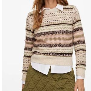 Mango Fair Isle Crewneck Sweater in Cream, Pink & Olive